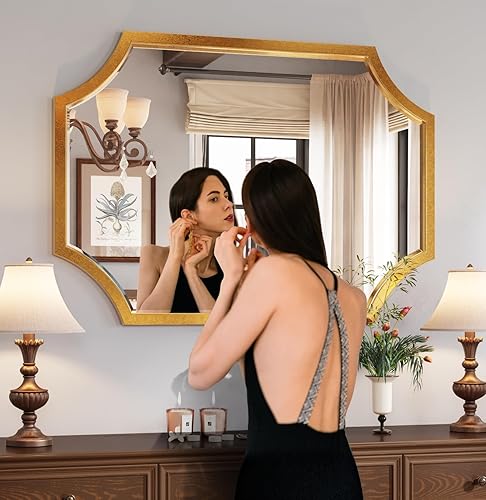 Miniatura 3 de Kelly Miller Espejo de baño dorado para pared, espejo de tocador dorado de 20 x 28 pulgadas, espejo festoneado, espejo de pared decorativo biselado