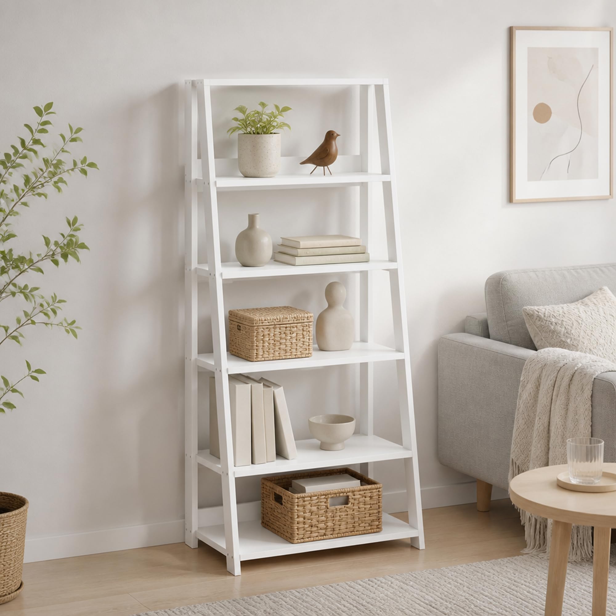 5-Tier Ladder Bookcase, Open Storage Ladder Bookshelf, Display Shelf, Book Shelf, 13 x 23.6 x 53.5, for Living Room, Home Office, White