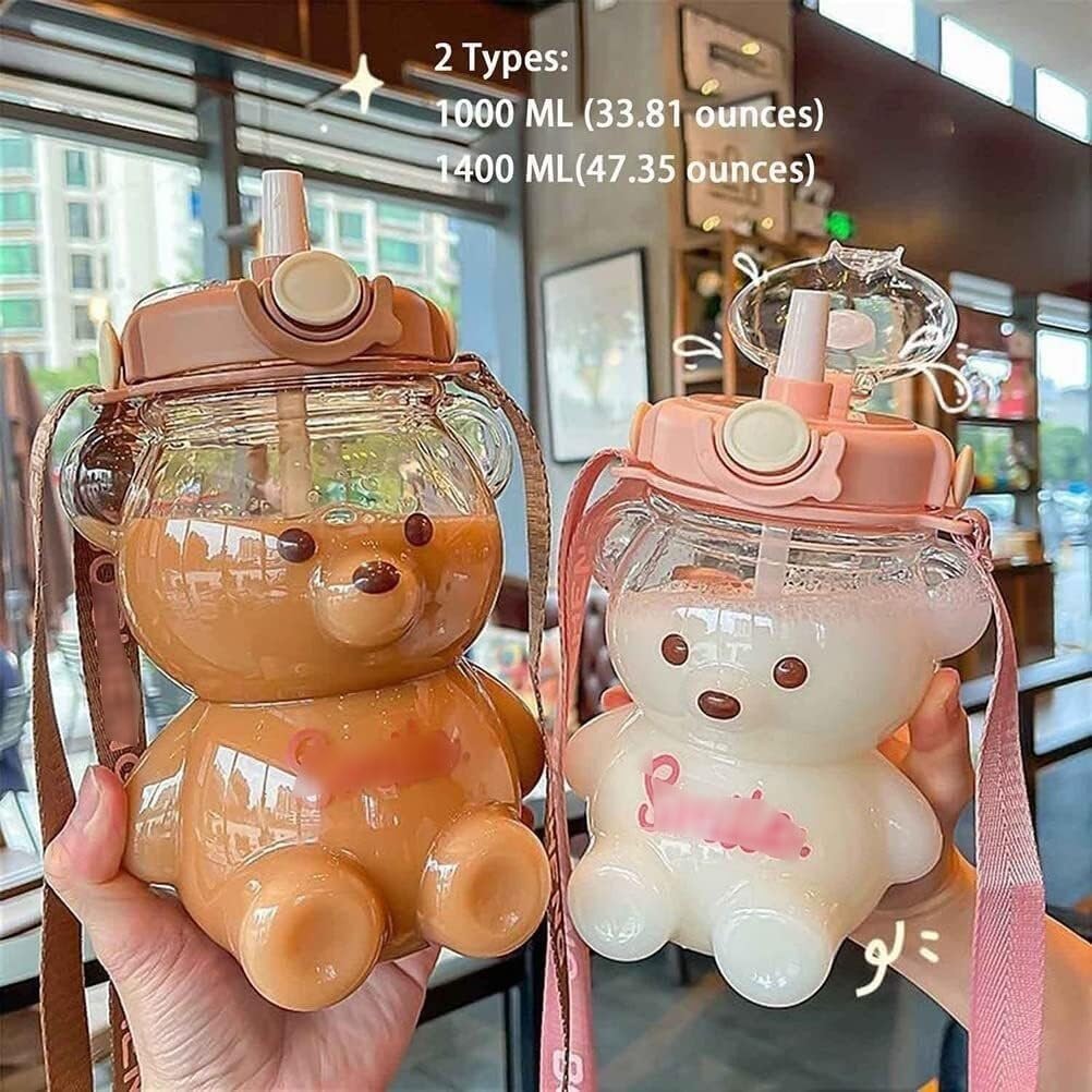 Butelka na Wodę Śliczny kubek na wodę w kształcie misia Kawaii Bear Cartoon przenośny czajnik regulowany pasek na ramię Outdoor Office bidon(Roze,1000ml)