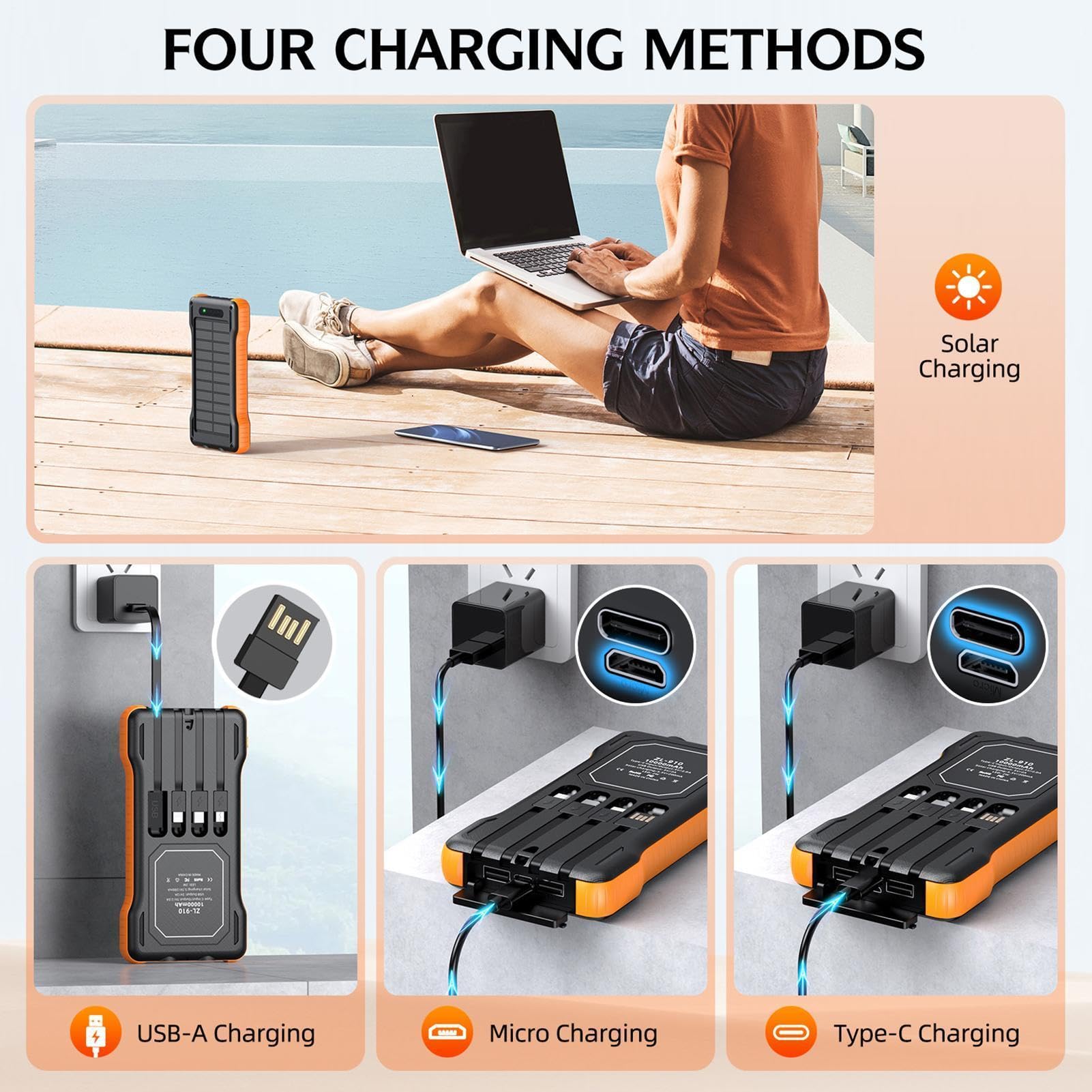 Power Bank Solare Power Bank da 10000 mAh per Telefono con Torcia