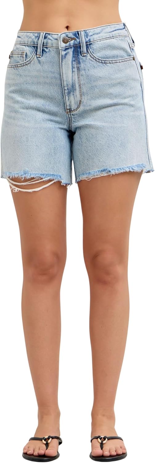 Judy Blue Mid Rise Dad Shorts – Rigid Magic Denim, Light Wash, Raw Hem, Cell Phone Pocket, Summer Casual Relaxed Fit