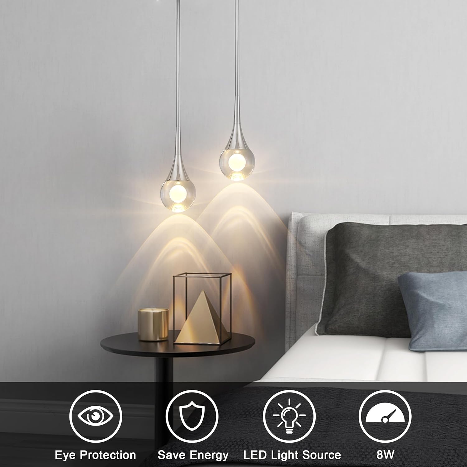 Untrammelife 1-Light Pendant Lights Kitchen Island, 8W 3 Color Temperature Dimmable LED Pendant Light Fixtures, Silver Hanging Crystal Teardrop Pendant Lights for Bathroom, Bedroom