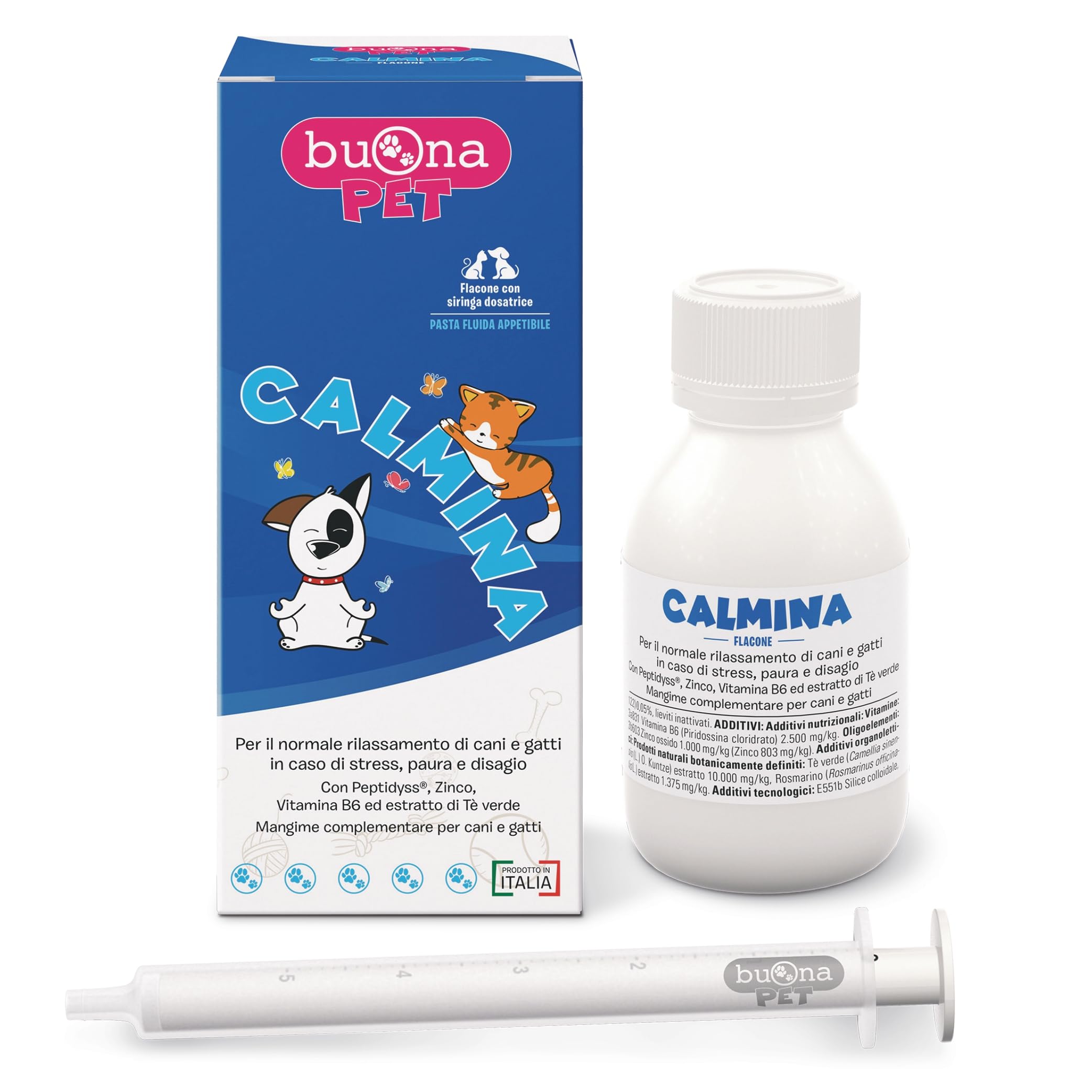 Buona Pet Calmina Mangime Complementare 60g con Siringa, Calmante per Cani e Gatti con Peptidyss®, Zinco, Vitamina B6, tè Verde e Griffonia, Rilassante per Cani e Gatti, Made in Italy