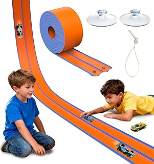 ACELIFE Circuits de course de voitures flexibles, 4,5 m Circuit de course incluant 4 voitures Piste de course portable double avec rampes pour voitures 1/64 jouet Cadeau pour enfants à partir de 3 ans