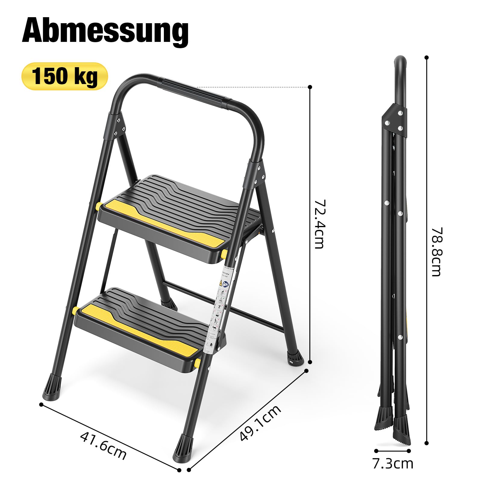 Urackify Trittleiter 2 Stufen Klappbar Leiter, Hochbelastbar bis 150 kg, Tritt Breite Rutschfeste Stufen, Handlauf, Kompakte Haushaltsleiter Stehleiter für Haushalt Küche, Büro, Vorratskammer, Schwarz