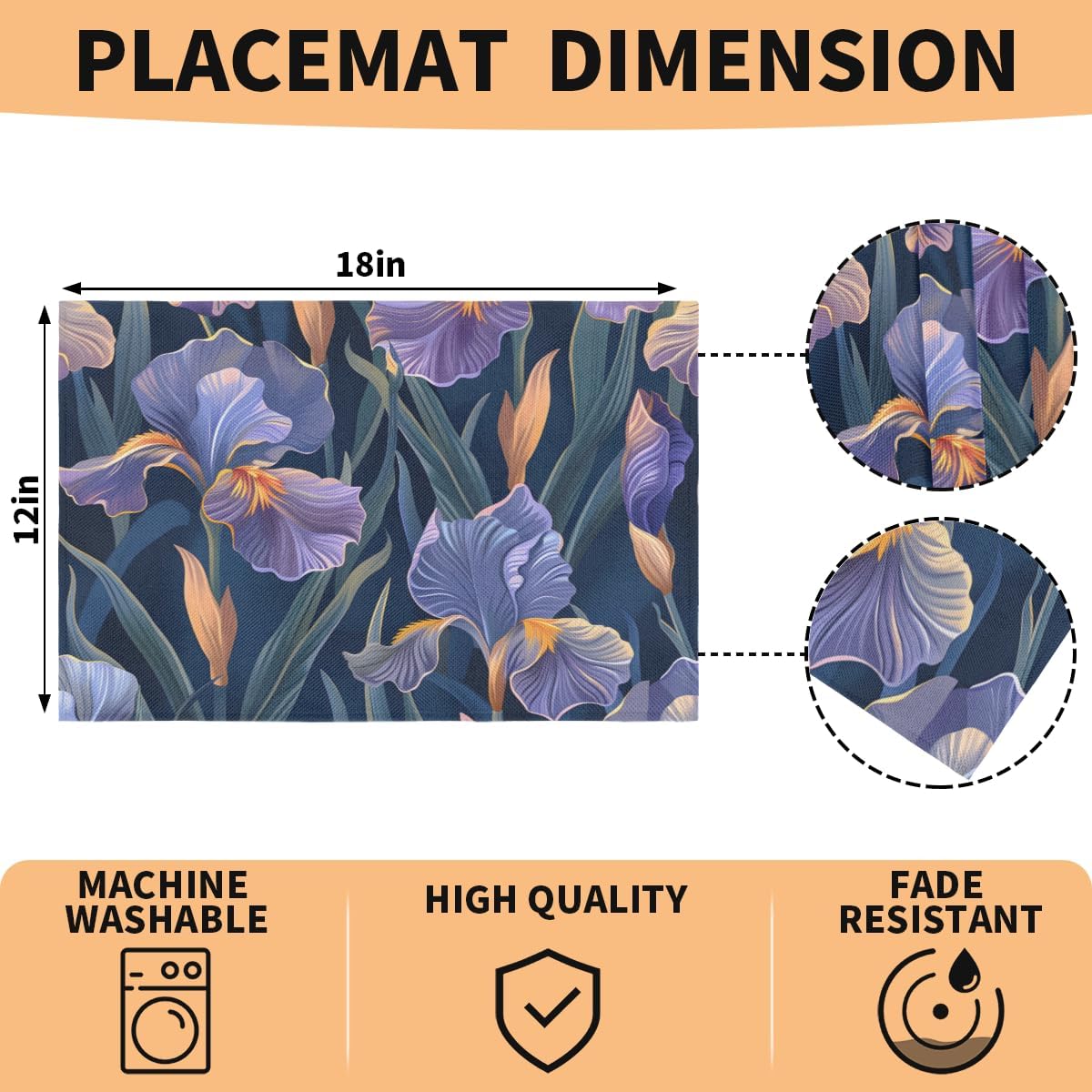 Purple Iris Flower Pattern Placemats Set of 6 Washable Kitchen Dining Table Mats 12 x 18 Inch Modern Cloth Place Mats Non-Slip Heat Resistant Placemats for Home Kitchen Dinner Party Decor