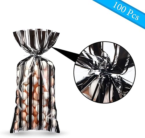 Miniatura 3 de Blulu 100 bolsas de plástico de Halloween con estampado de rayas blancas y negras para dulces o trucos, bolsas de celofán transparente con 100 lazos