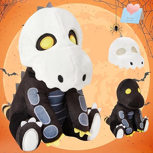 Houwsbaby Peluche de dinosaurio esqueleto de Halloween de 10 pulgadas con máscara de calavera desmontable, capucha separable, juguete de peluche