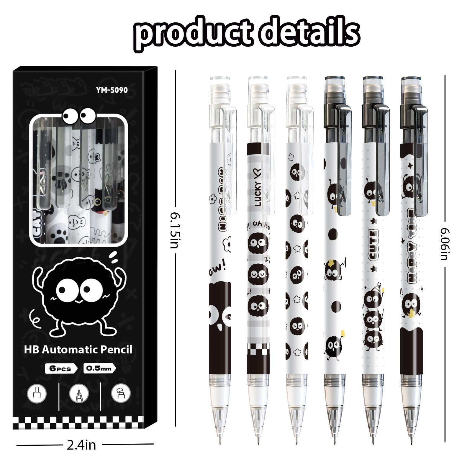 Lot de 6 crayons mécaniques noirs mignons de 0,5 mm avec gomme