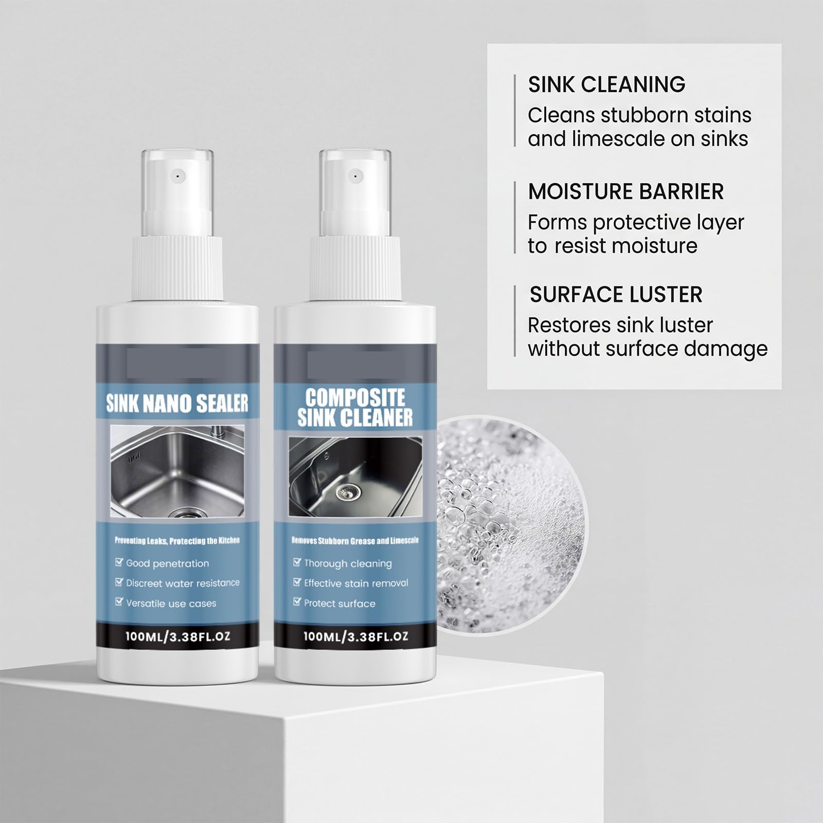 Mehrzweck-Küchenspray, Edelstahl- und Haushaltsgerätereiniger, entfernt Fett, harte Wasserflecken für Öfen, Herdplatten und Grills, Spülbecken-Reinigungsset mit Reinigungsschwammpads. (3PCS)