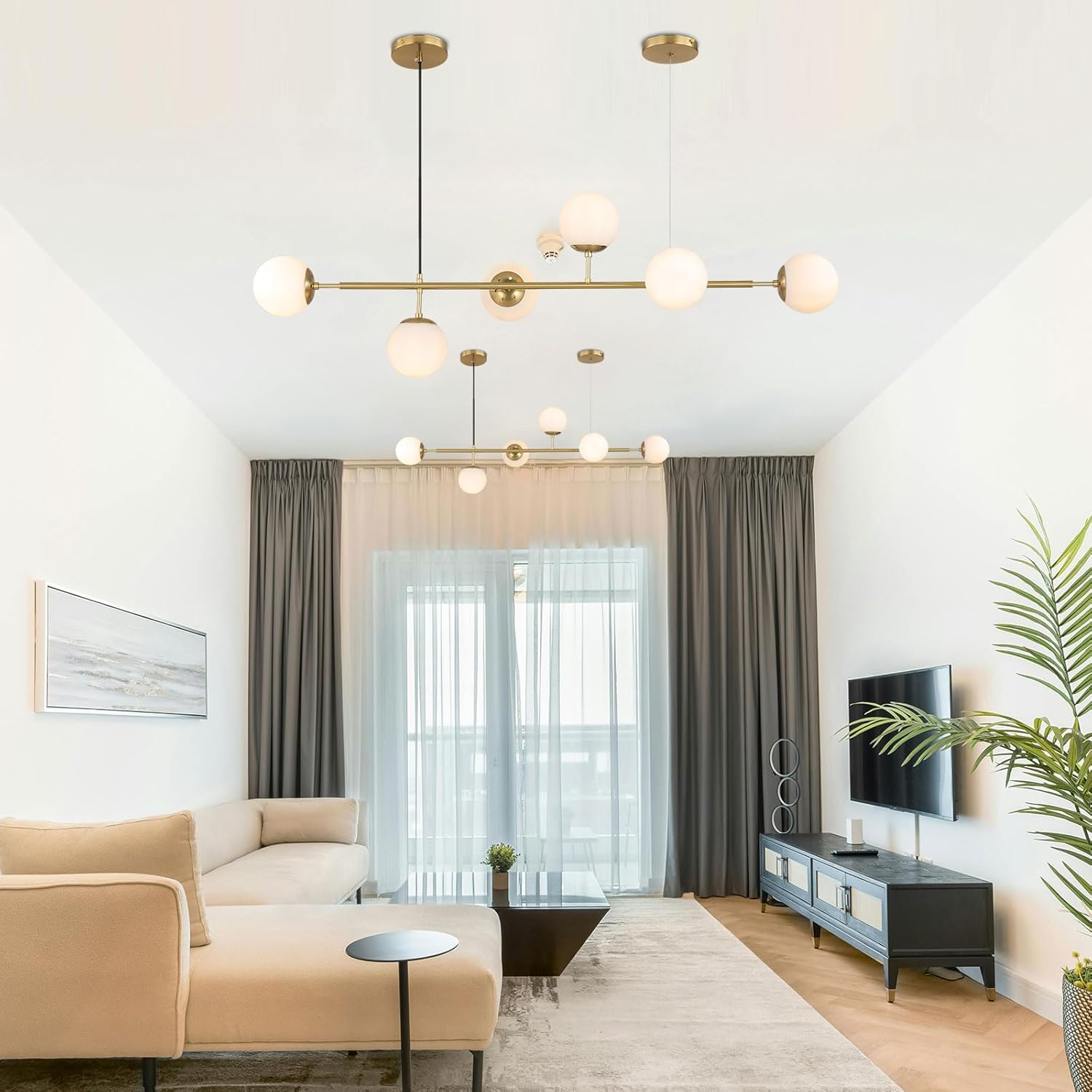 Mid-Century Modern Chandelier 6-Light Gold Linear Pendant Light with Globe Glass Shades, Adjustable Height for Dining Room, Kitchen Island, Living Room