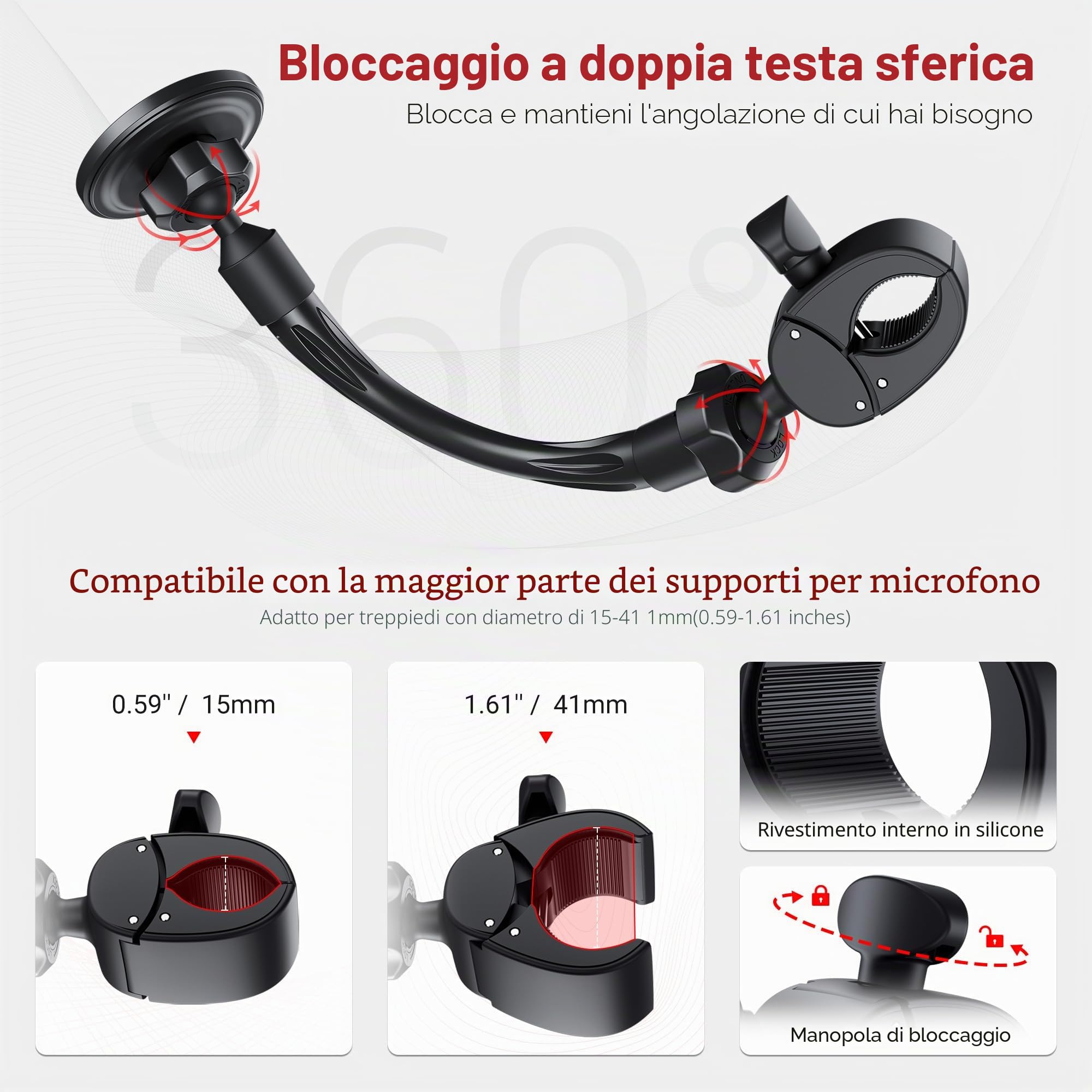 Supporto magnetico per microfono, 28,9 cm, con collo d'oca rimovibile e angolo di bloccaggio, supporto flessibile per microfono, supporto per telefono per iPhone 17, 16, 15, 14, 13 Pro Max, custodia
