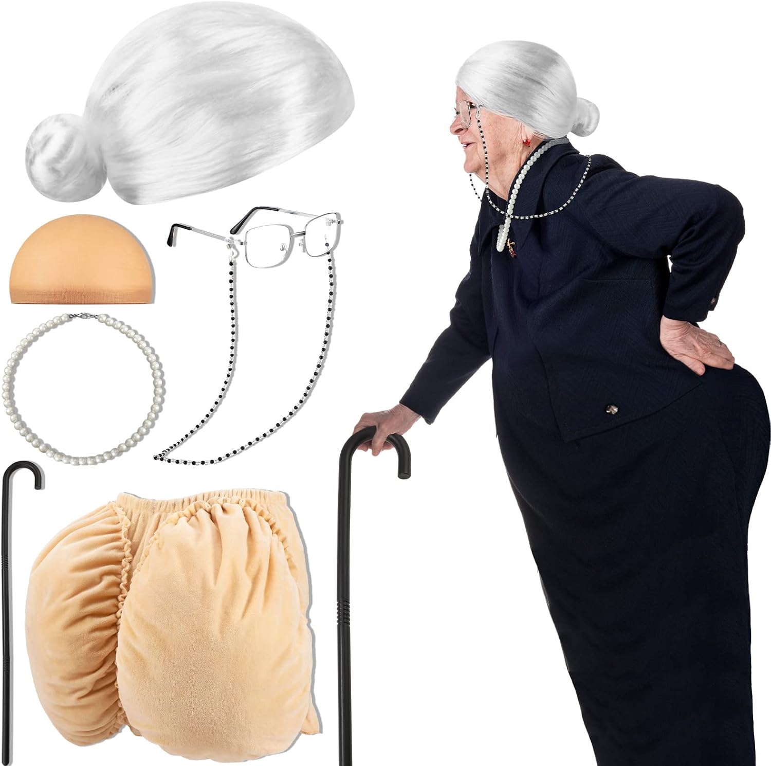 Zhanmai 7 Pcs Old Lady Cosplay Costume Set Women's Butt Cheeks Costume Old Lady Granny Glasses Foldable Crutch Granny Wig(White Classic Hair)