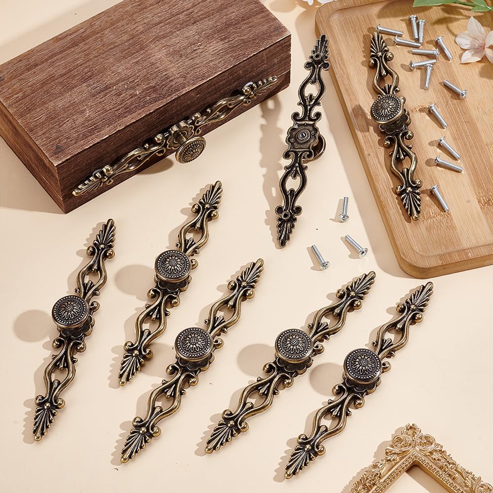ANATTASOUL 8Pcs Antique Brass Cabinet Knobs Vintage Sunlower Drawer Ring Knobs, 6.89"x0.97" Decorative Pull Handles with Screws for Cabinet Cupboard Chest Closet Wardrobe Furniture