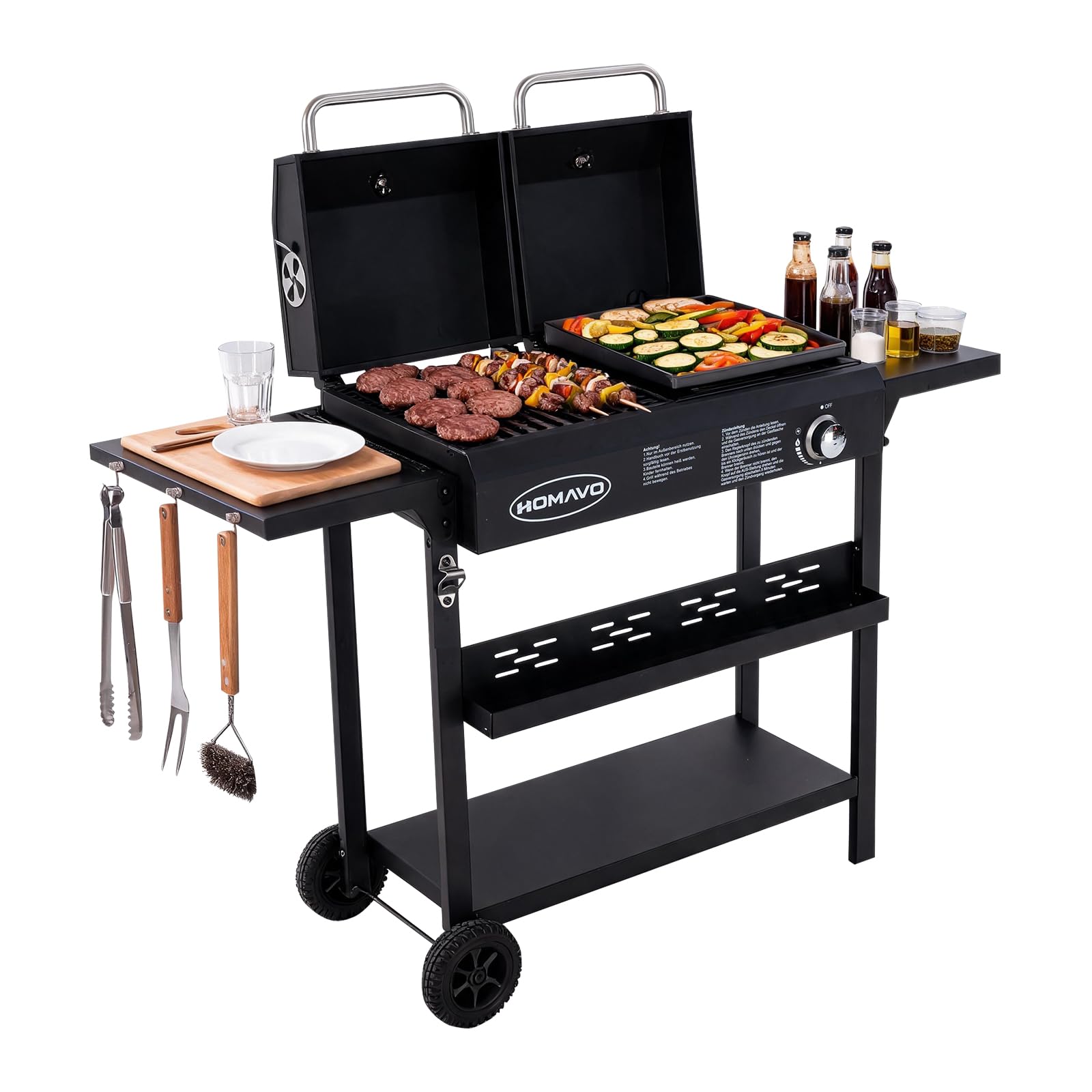 Gas-Holzkohle-Kombigrill, 2-in-1 Grillwagen mit Grillplatte | Holzkohle-Aroma & schnelles Gasgrillen, Gas-Grillplatte Ideal für Fleisch, Gemüse, Fisch und vieles mehr
