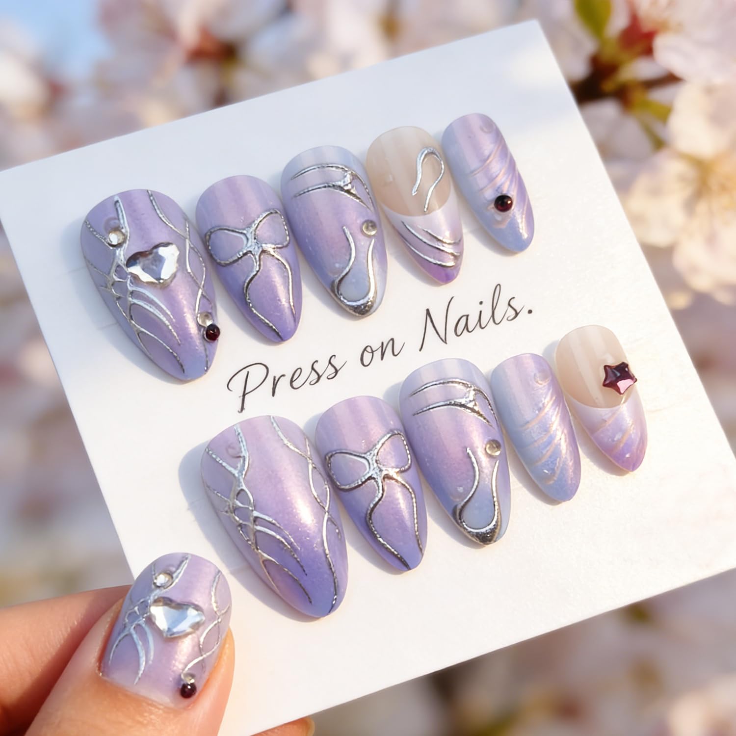 French Tip Press on Nails Long Almond Fake Nails with 3D Pentagram Heart Embossed Pattern Bow Design Rhinestones Full Cover Stick on Nails Suitable for Women Daily Nail Decoration Kit 24Pcs image 3