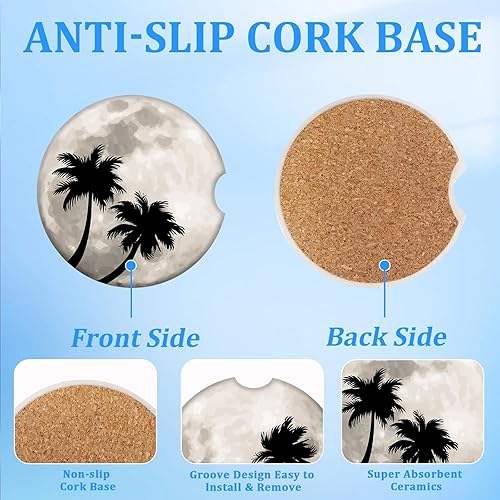 Miniatura 3 de Posavasos para automóvil, palmera con luna llena, paquete de 2 absorbentes para portavasos, inserto antideslizante universal de cerámica absorbente