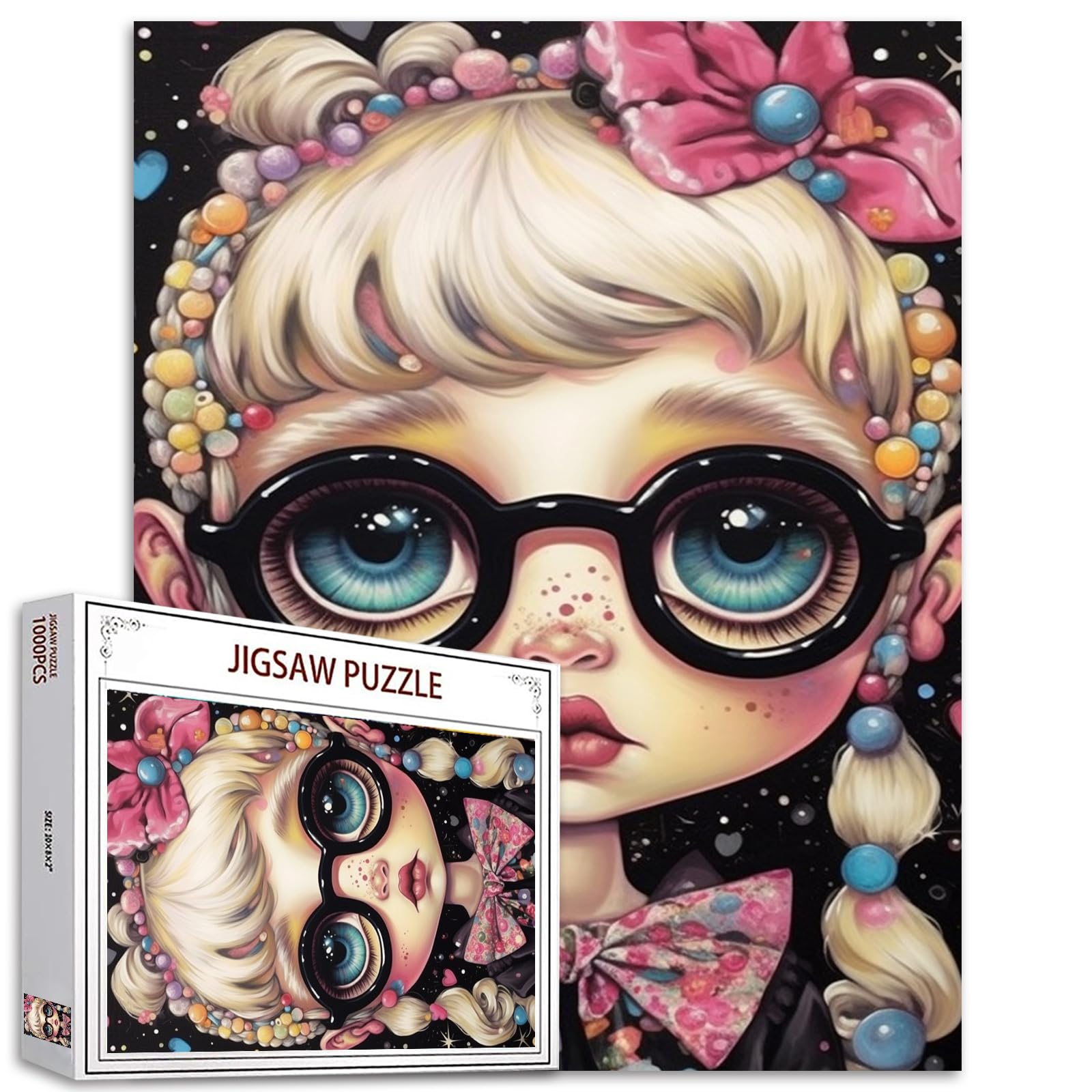 Candy Freckle Girl Jigsaw Puzzle Glasses Doll 1000 Piece Jigsaw Puzzles for Adults Home Decor Family Puzzle Perfect for Game Nights 20 x 27 Inch