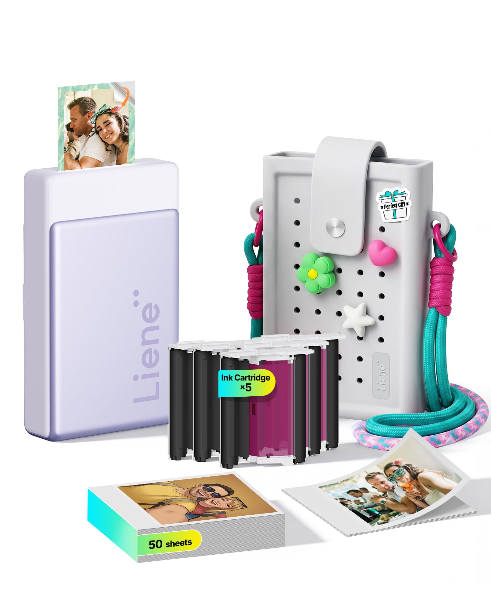 Liene Pearl N200 Pro Geschenk-Set – Tragbarer Mini-Fotodrucker mit Farbsublimation, inkl. DIY Silikon-Umhängetasche in Grau & passendem Zubehör, Bluetooth, 300 dpi, Sofortbilddrucker für iPhone/Androi