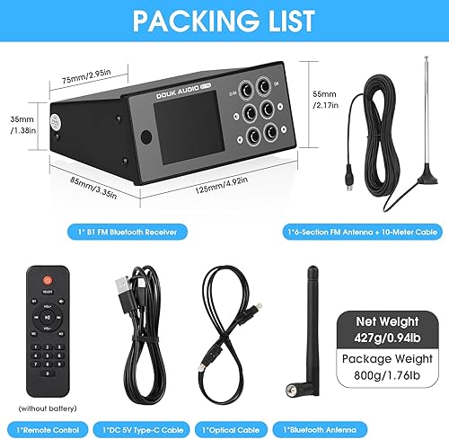 Miniatura 9 de Douk Audio B1FM Bluetooth 5.1 Receptor DAC, reproductor de música estéreo de alta fidelidad con LDAC y aptX HD, radio FM premium, salidas digitales