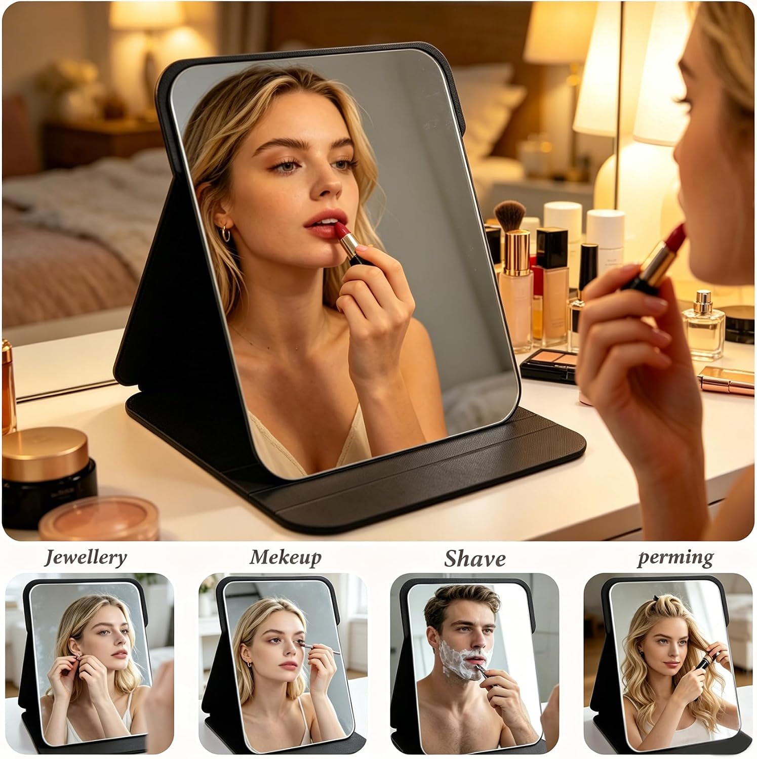 Black Folding Travel Mirror, 10x7 inches PU Portable Adjustable Rectangular Ultrathin Vanity Mirror with Stand, for Travel, Camping,Home