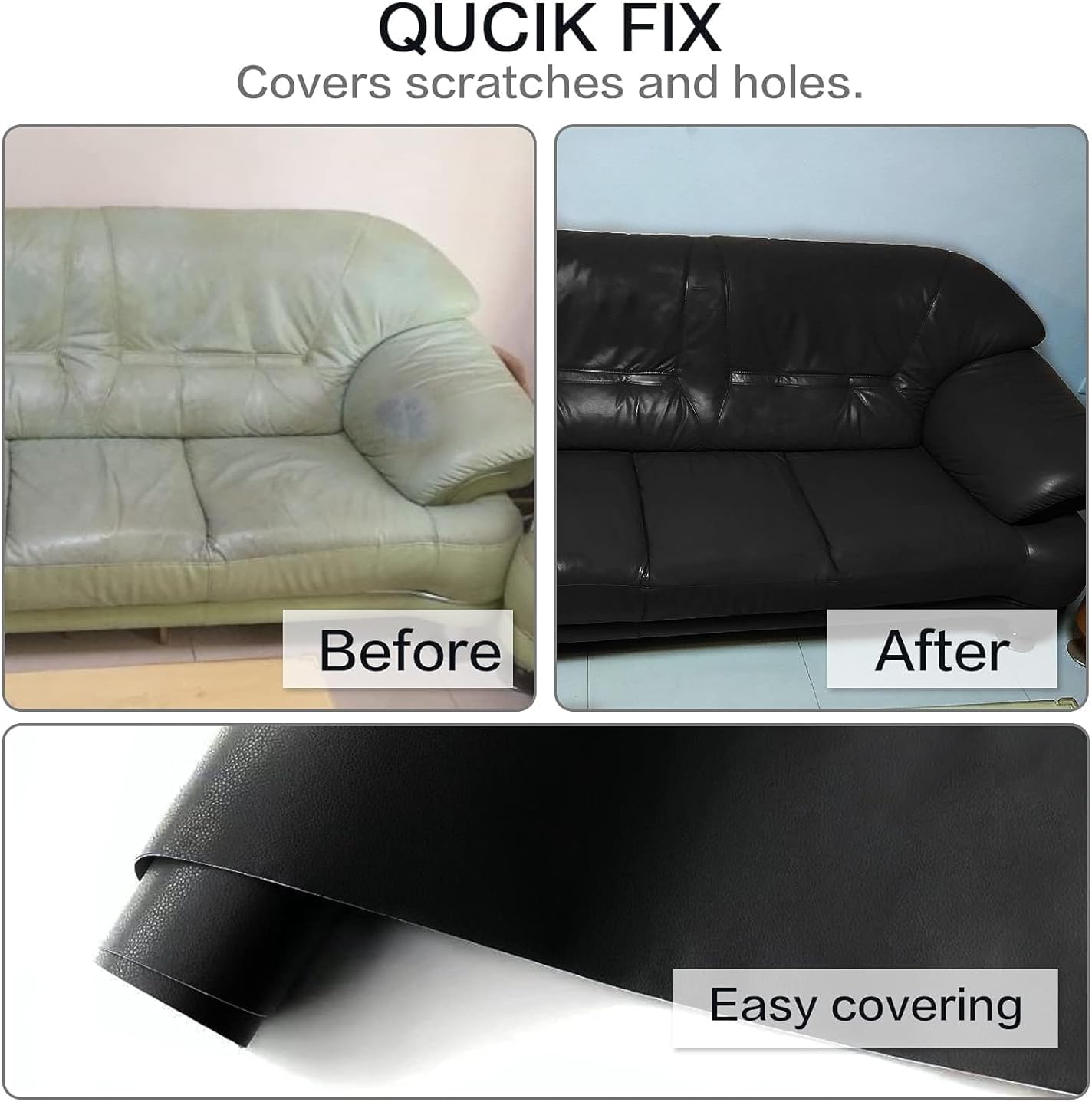 CHEIGHY Self Adhesive Leather Repair Patch for Furniture with Advanced PU 17X79 inch Leather Repair Kit for Couches Sofa Vinyl Repair Kit for Car Seats, Chairs, Shoes (Black)