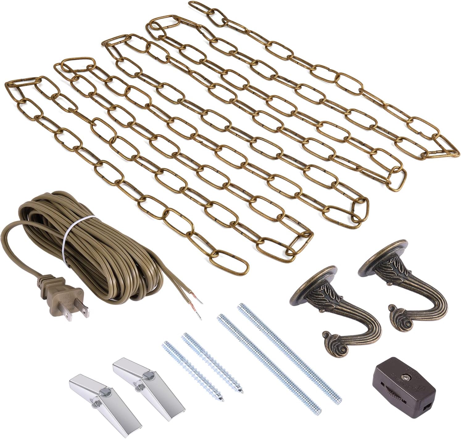 Canomo Swag Lighting Kit with 12 Feet Chandelier Chain and 15 Feet Cord, Instructions Included for Chandelier, Pendant Light, Antique Brass