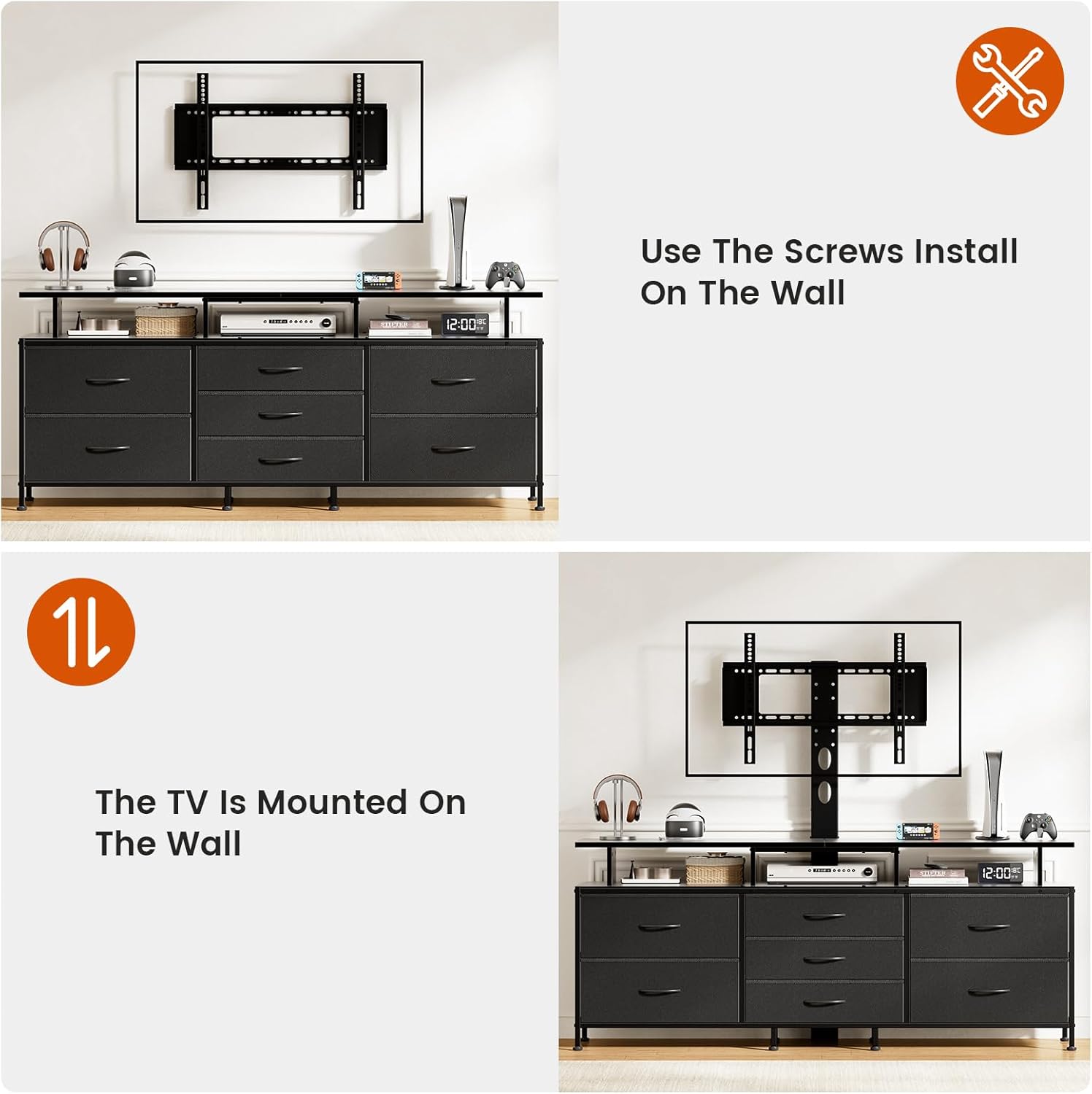 REAHOME TV Stand with Mount, 63" Entertainment Center for 32/45/55/60/65/70 inch TVs, Media Console Table with 7 Drawers, Height Adjustable Mount, Dresser TV Stand for Living Room, Carbon Fiber Black