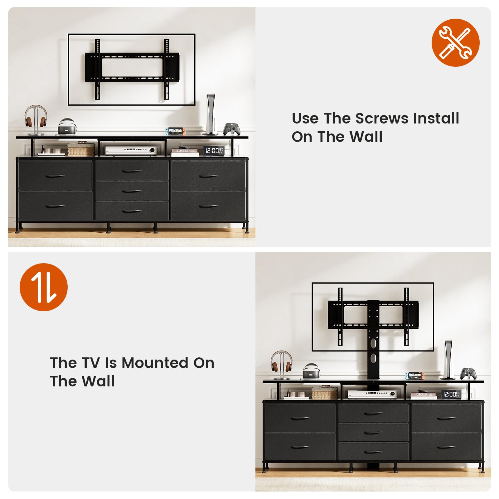 REAHOME TV Stand with Mount, 63" Entertainment Center for 32/45/55/60/65/70 inch TVs, Media Console Table with 7 Drawers, Height Adjustable Mount, Dresser TV Stand for Living Room, Carbon Fiber Black