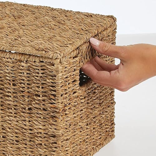 Miniatura 4 de mDesign Cesta organizadora de almacenamiento de algas marinas de tejido natural con tapas extraíbles para usar en armario, dormitorio, baño,