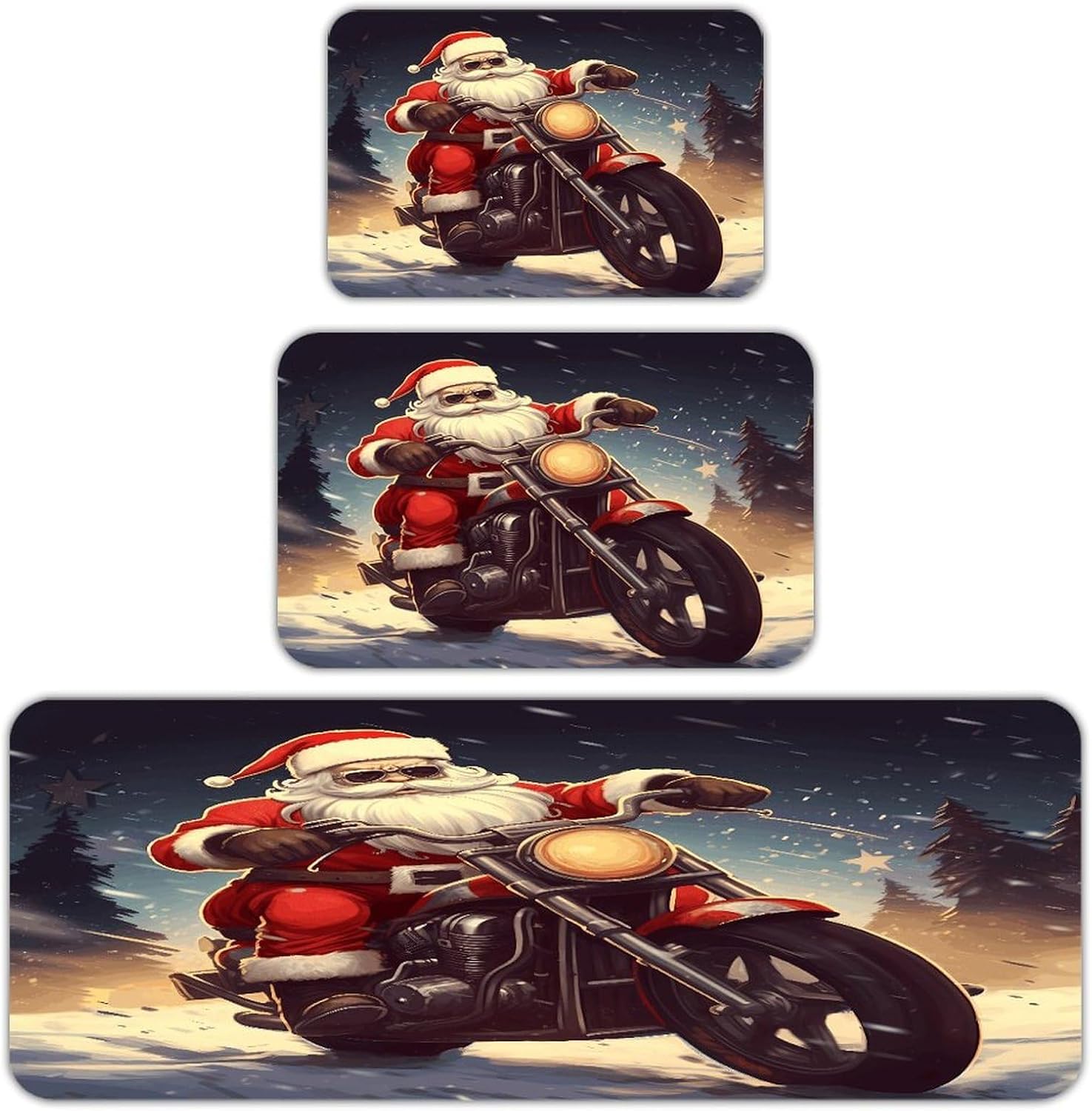 Santa Claus Biker Riding Kitchen Rugs Sets of 3 Non Slip Kitchen Mat for Floor Comfort Standing Rug and Mats Thick Cushioned Long Area Carpets for Laundry Room Entryway