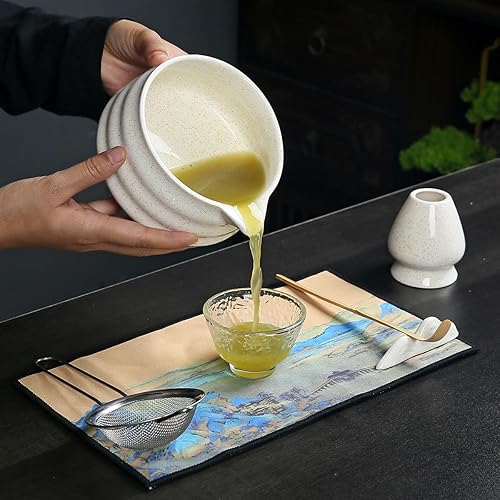 Miniatura 8 de Juego de ceremonia de té matcha, kit tradicional de 7 piezas con batidor de bambú, cuenco de cerámica, colador, soporte para batidor y descanso