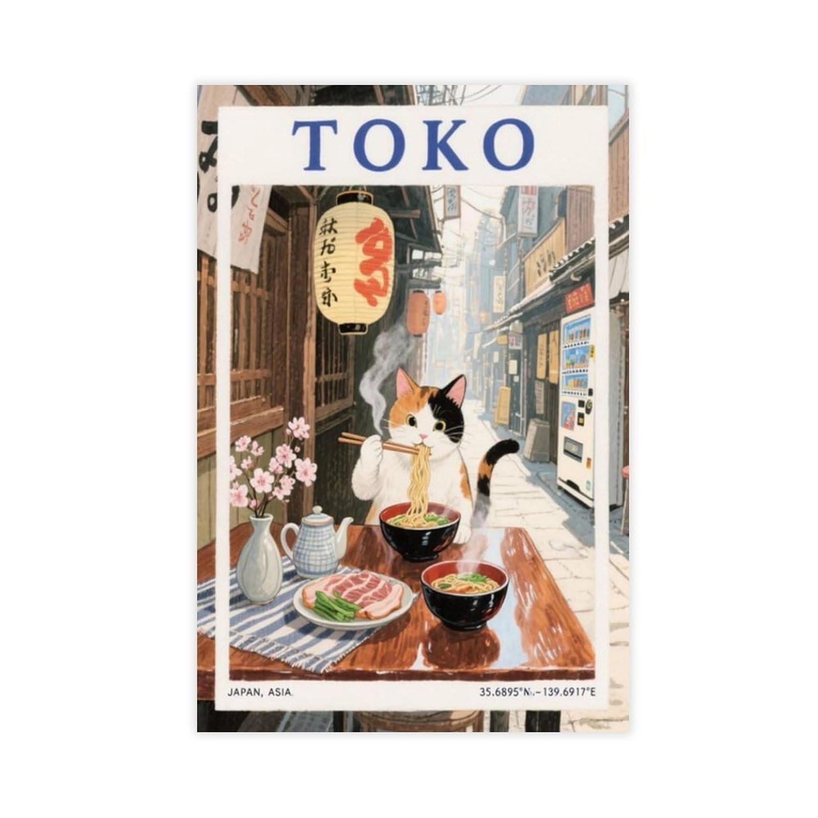 QIOTBVV Bedrucktes Poster mit Katze und Nudeln, Motiv: Tokio Straßenszene, Atmosphäre, Leinwand-Poster, Wandkunst, Dekor, Bild, Gemälde für Wohnzimmer, Schlafzimmer, Dekoration, 61 x 91,4 cm (L x B)