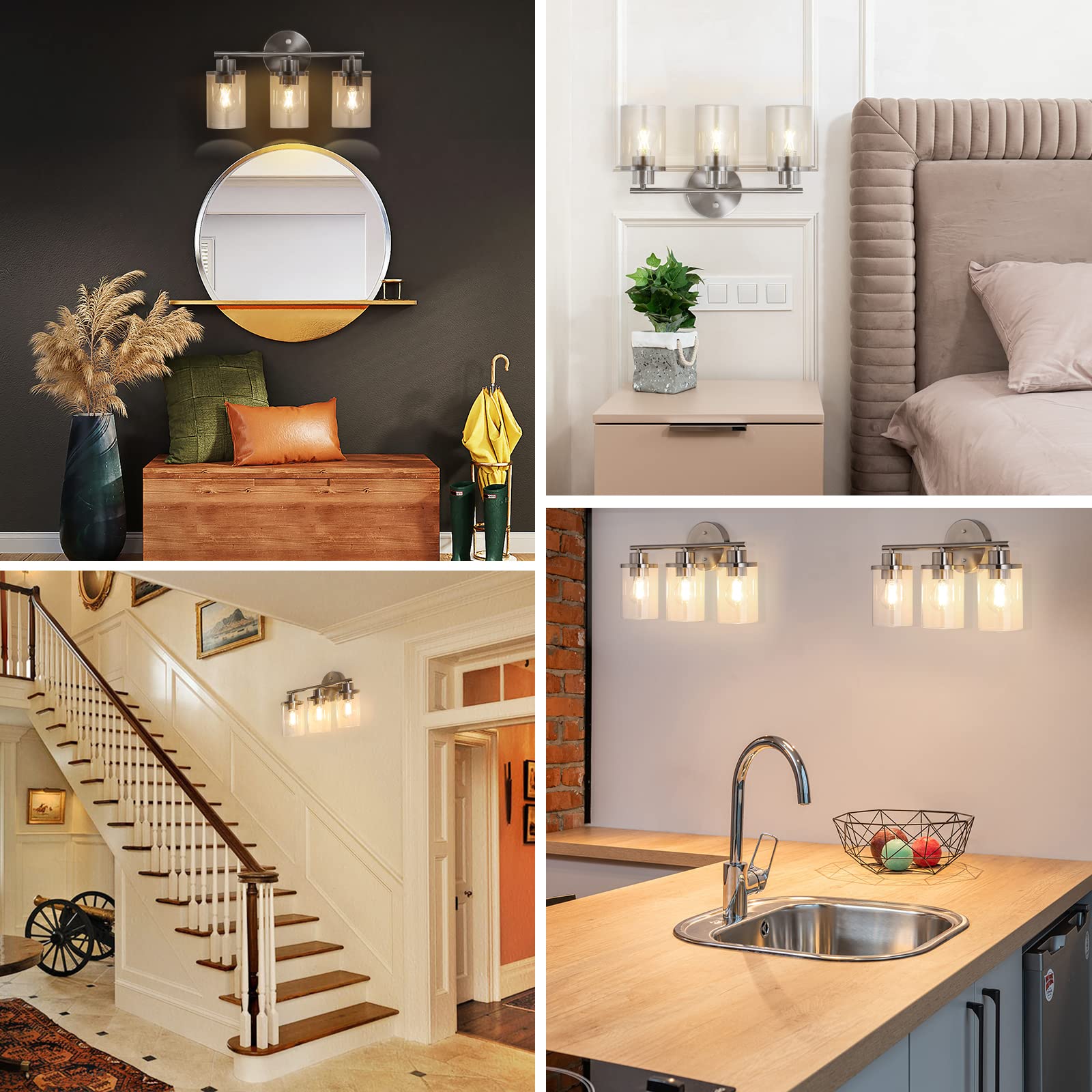 EDISHINE Bathroom Light Fixtures, 3 Light Brushed Nickel Bathroom Vanity Lights Over Mirror, Modern Wall Sconce with Clear Glass Shades for Bathroom, Vanity Table, Living Room ( E26 Base)