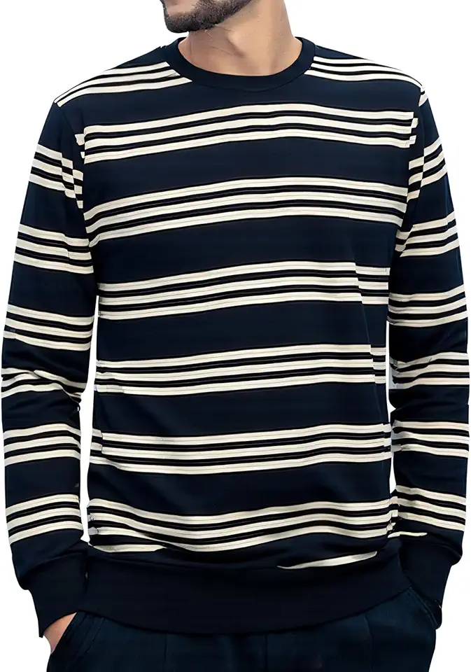 Men's Striped Long Sleeved T-Shirt, Casual Round Neck Long Sleeved Top, Regular-Fit Daily Striped T-Shirt Basic Style