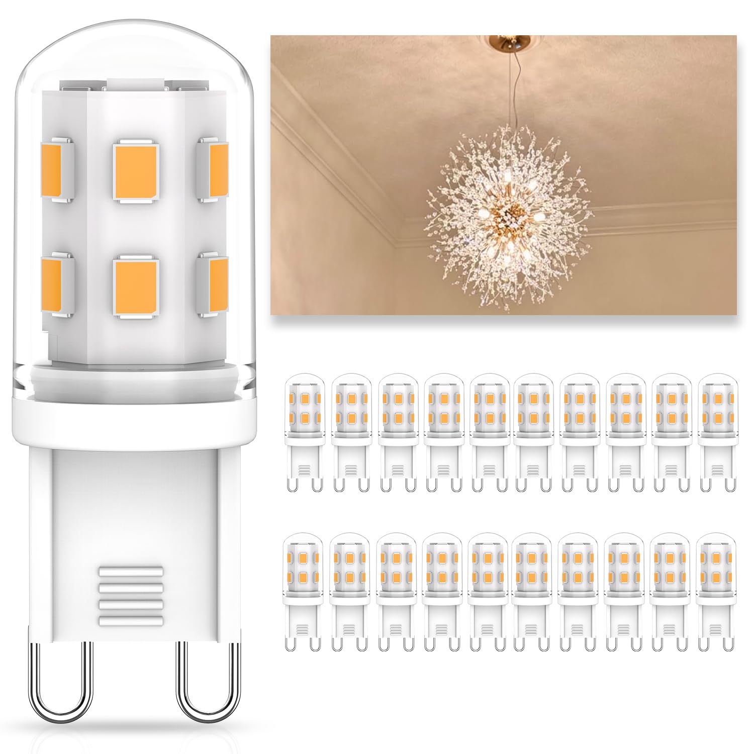 Cxyemt G9 LED Bulbs 2W Equivalent to 20W Halogen, 2700K Warm White, 220-240V, 200LM, Energy Saving, Non Flicker, Non Dimmable, G9 Short Mini Light Bulb for Home Lighting, Crystal Chandelier, 20 Pack