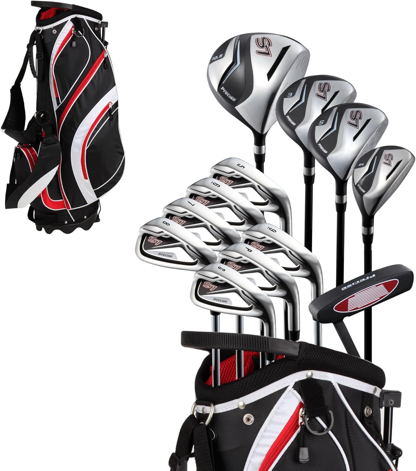 Precise S7 Men's 18-Piece Complete Golf Club Set – Titanium Driver, Fairway Woods, Hybrid, 5-SW Irons, Putter & Stand Bag, Right Handed