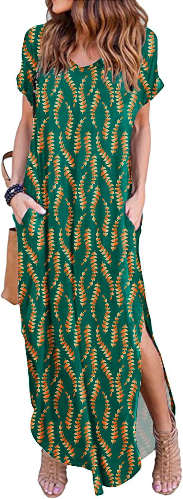 HUSKARY Women's Summer Maxi Dress Casual Loose Pockets Long Dress Short Sleeve Split Maxi Dresses