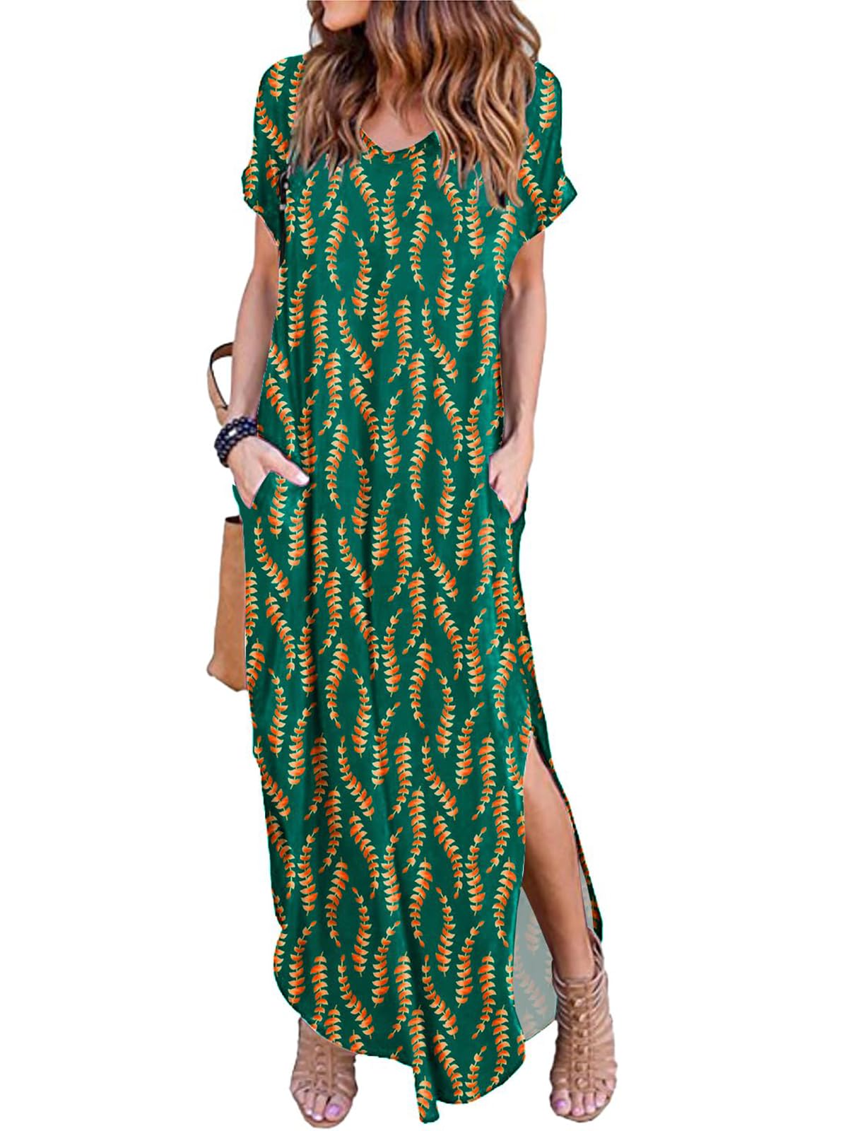 HUSKARY Women's Summer Maxi Dress Casual Loose Pockets Long Dress Short Sleeve Split Maxi Dresses
