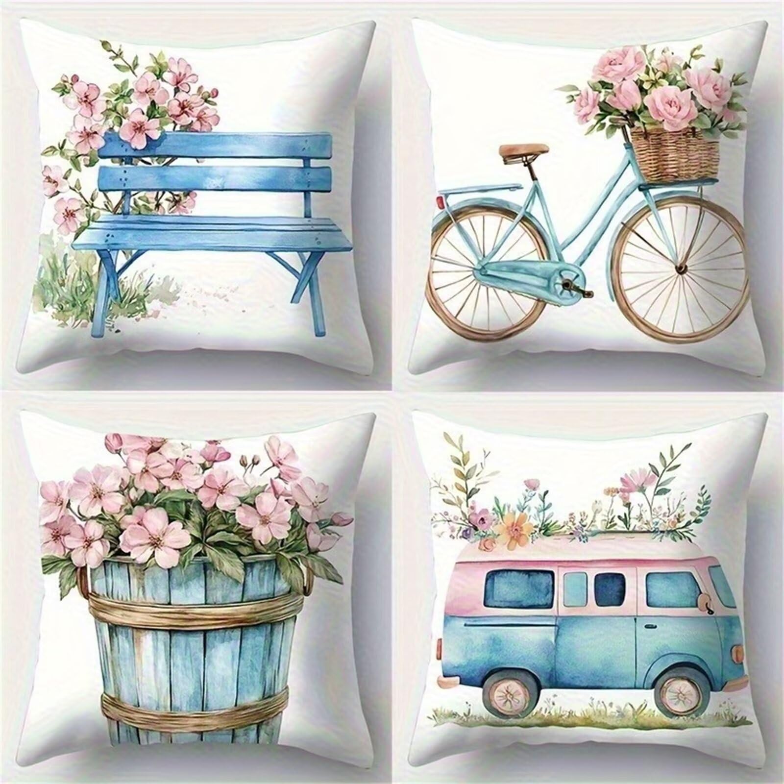 QiHon Cushion Covers 60x60 cm Set of 4 Pink Flowers Linen Square Pillow Cases 24x24 inch Modern Decorative Throw Pillow Covers for Sofa Couch Bedroom Home Office with Invisible Zipper