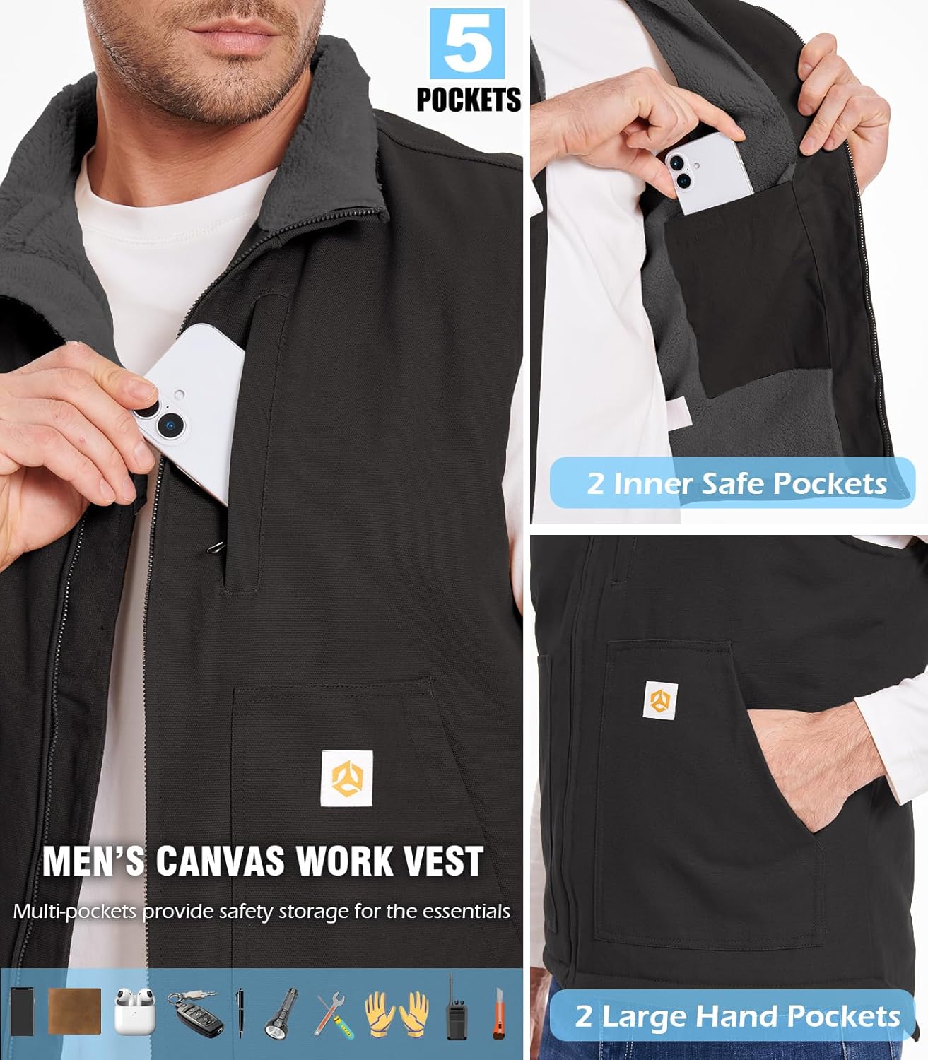 CARWORNIC Waterproof Washed Duck Vest Winter Sherpa Fleece Lined Loose Fit Mock-Neck Insulated Canvas Workwear Vest - Image 6