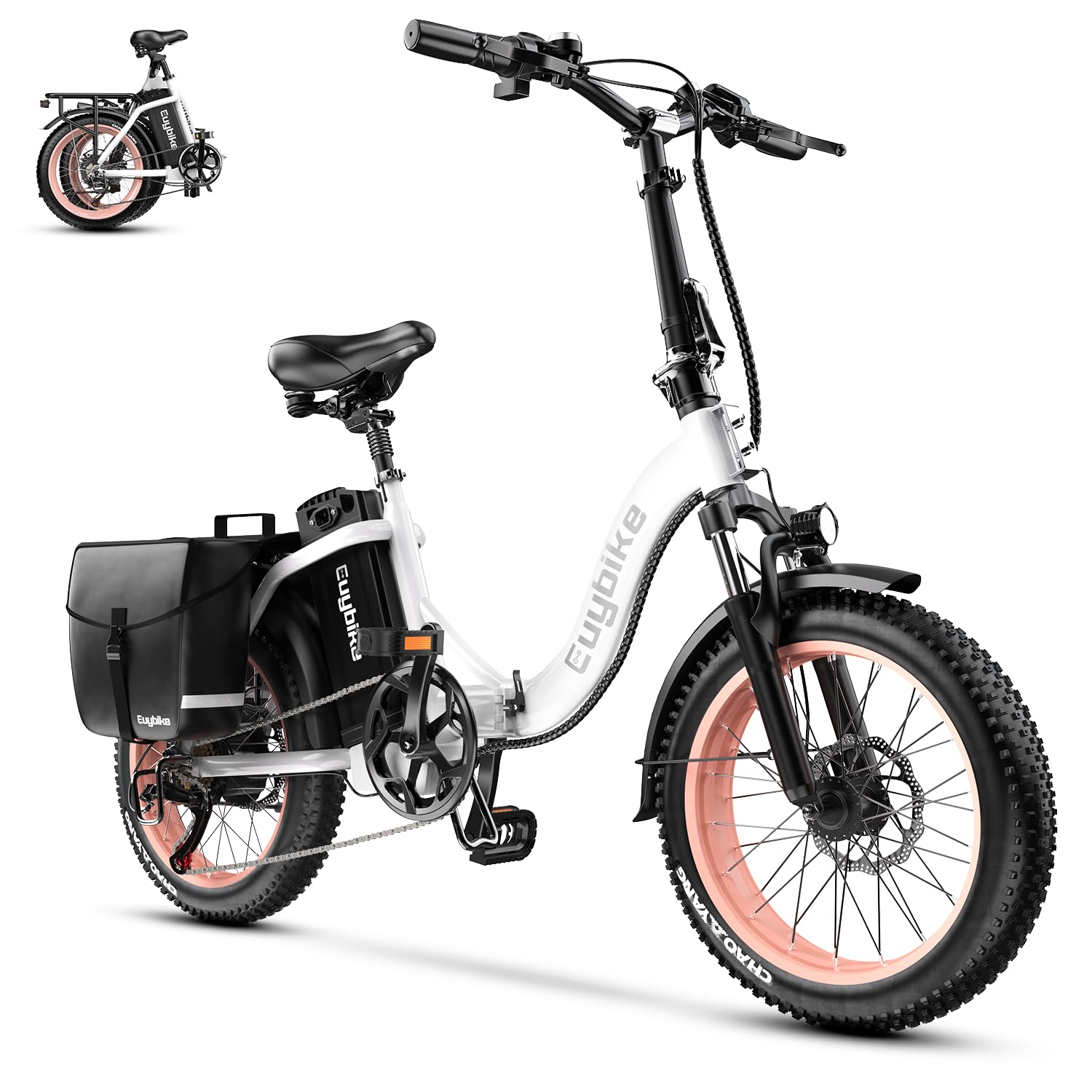 EUYBIKE Electric Bike for Adults, 20"x 3" Fat Tire Cargo Ebike with Seat, 1450W Peak 2 Seater Commute Bike with 48V 20AH Removable 960WH Battery, 80 Miles Max Range 7-Speed Step-Thru Electric Bicycle