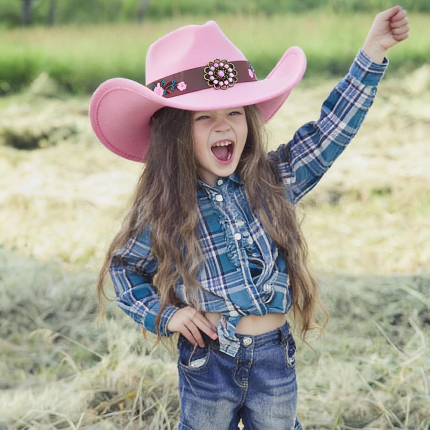 Jastore Western Cowboy Hat for Kids Girls with Pink Flower Buckle Blet Cowgirl Hat Wide Brim Fedora Hat Rodeo Party Hats