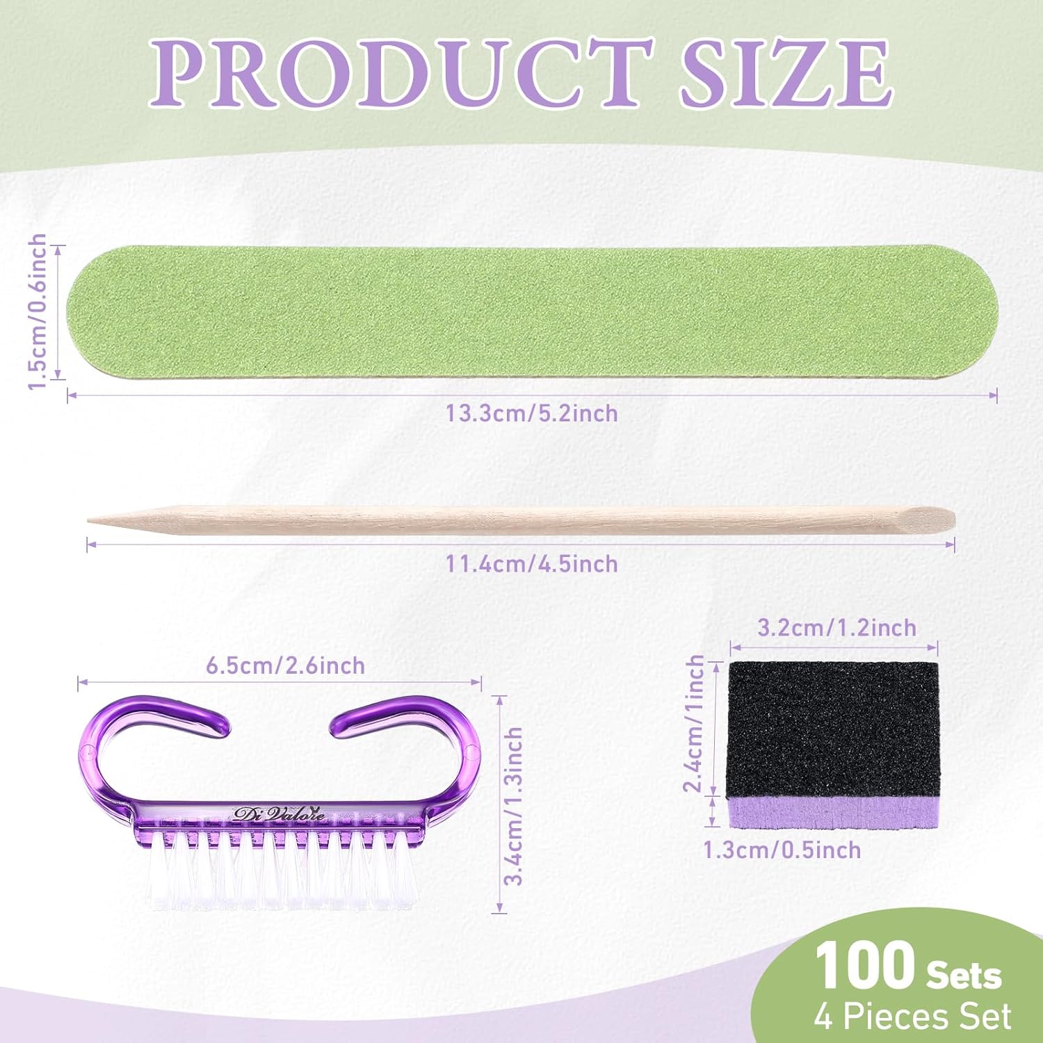 100 Sets Professional Disposable Manicure Kit Basics 4 Piece Nail Kit Wood Nail File 100/180 Grit, Mini Buffer 80/100 Grit, Wood Stick and Handle Grip Brush Gifts(Purple)
