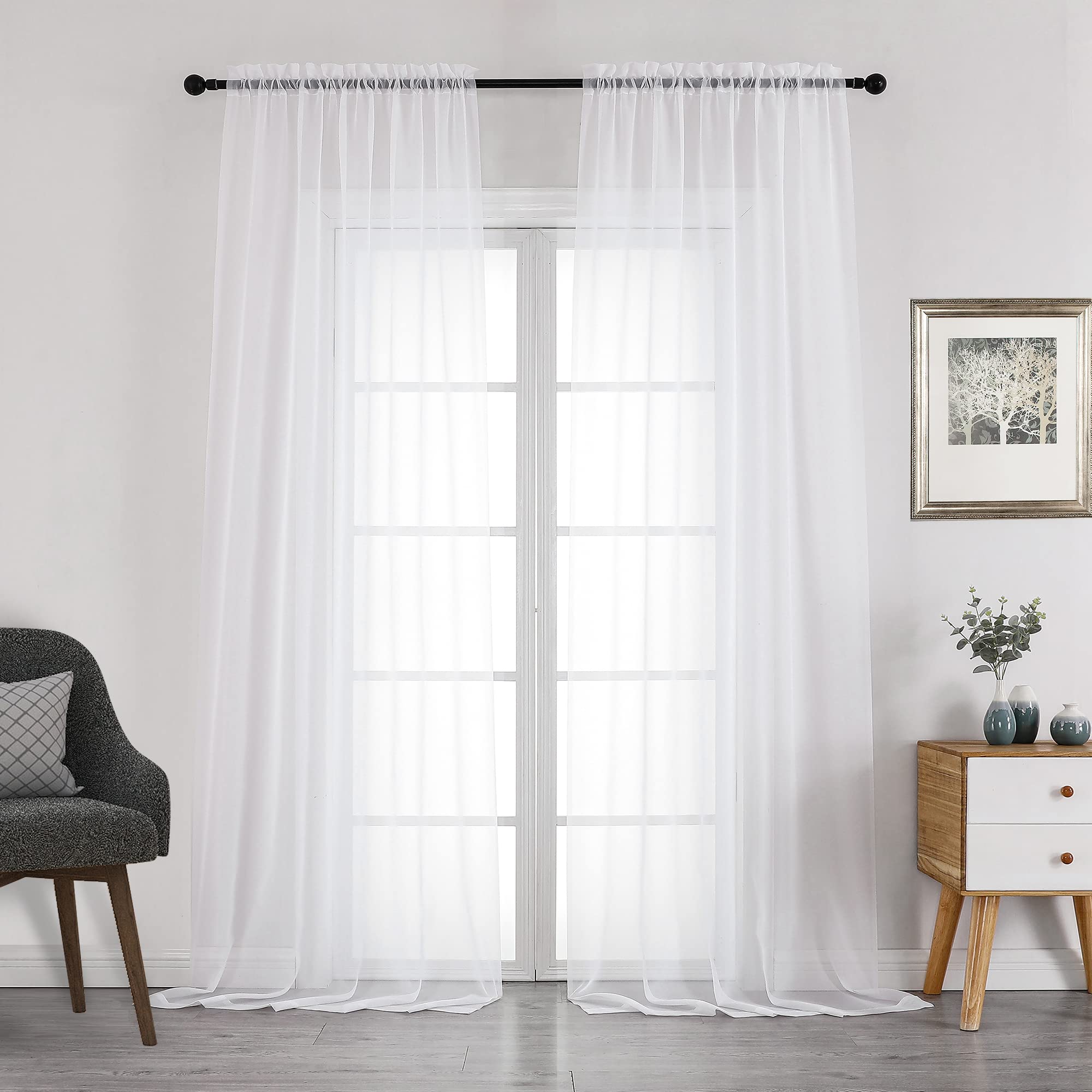 MYSKY HOME - Cortinas Traslúcidas Del Piso Al Techo De 108 Pulgadas, 2 Paneles, Blanco, Pestañas Traseras, Aspecto De Lino, Bohemias, Suaves, Mezcla De Algodón, Filtro De Luz, Para Sala De