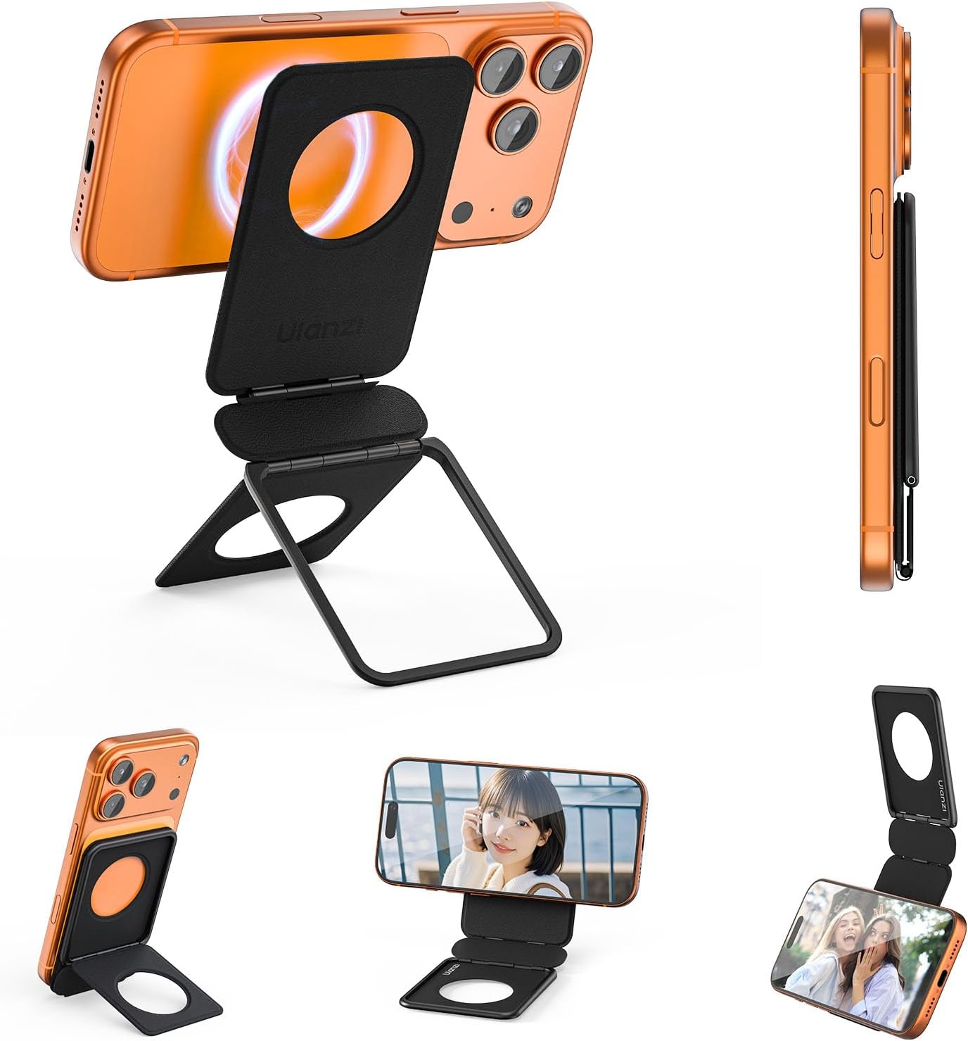 ULANZI Magnetic Phone Tripod Stand Selfie Stick for iPhone, Hangable Phone Stand w Strong Magnetic, Foldable Portable Tripod Free Angles for iPhone 17/16/15/14/13, Travel Essentials Accessories, Black