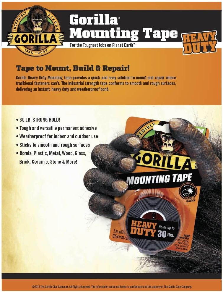 Gorilla Heavy Duty Double Sided Mounting Tape, 1" x 60", Black, (Pack of 6)