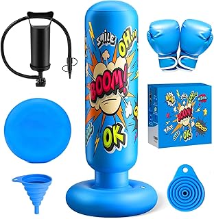 Punching Bag for Kids, 5-in-1 Boxing Set for Kids 3-12 as Christmas, Birthday Gifts, 63" Inflatable Punching Bag with Boxing Gloves, Practice Karate, Taekwondo