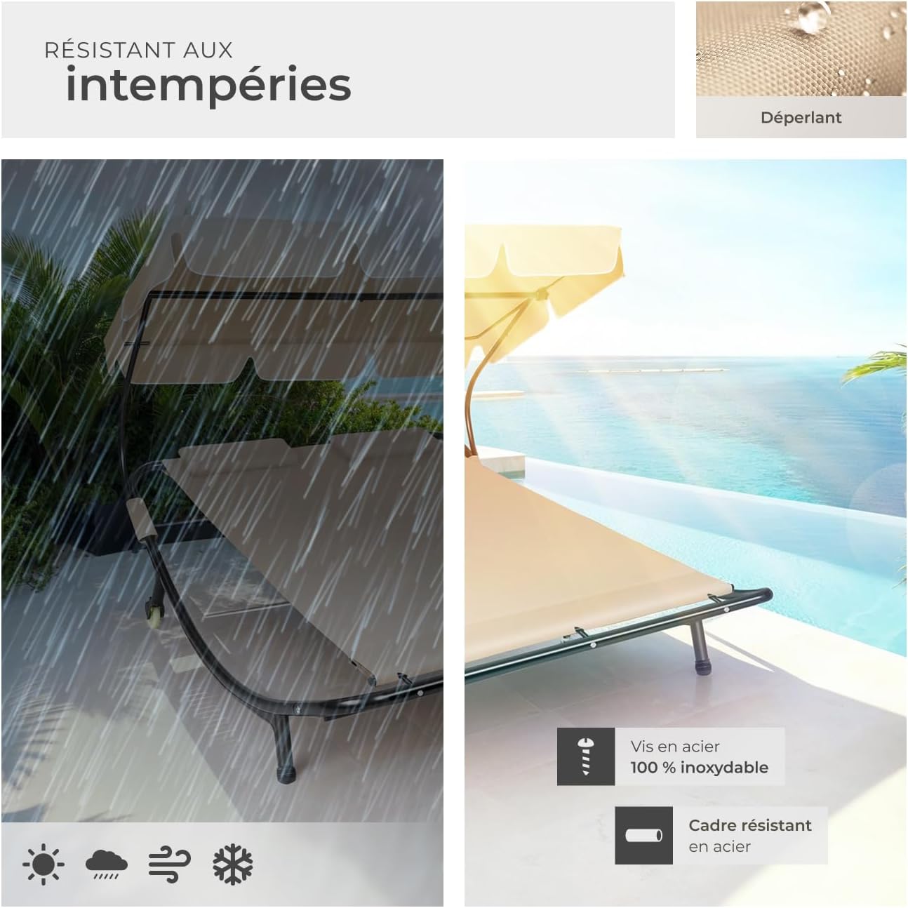 Image showing the water-repellent fabric and weather resistance of the sun lounger against rain and sun.
