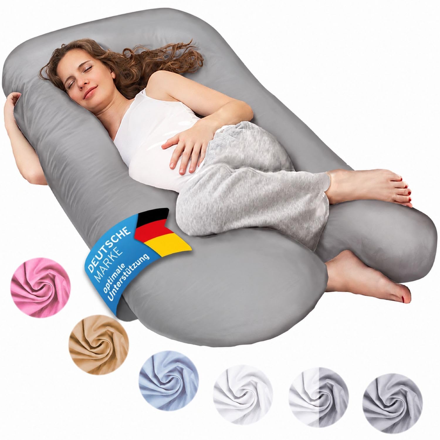 SMOOTHY® Almohada Embarazo en U 120x70 cm - Funda Algodón Lavable | Relleno de fibra de silicona que recupera su forma - sin cremallera que se rompa - ideal para dormir de lado y lactar